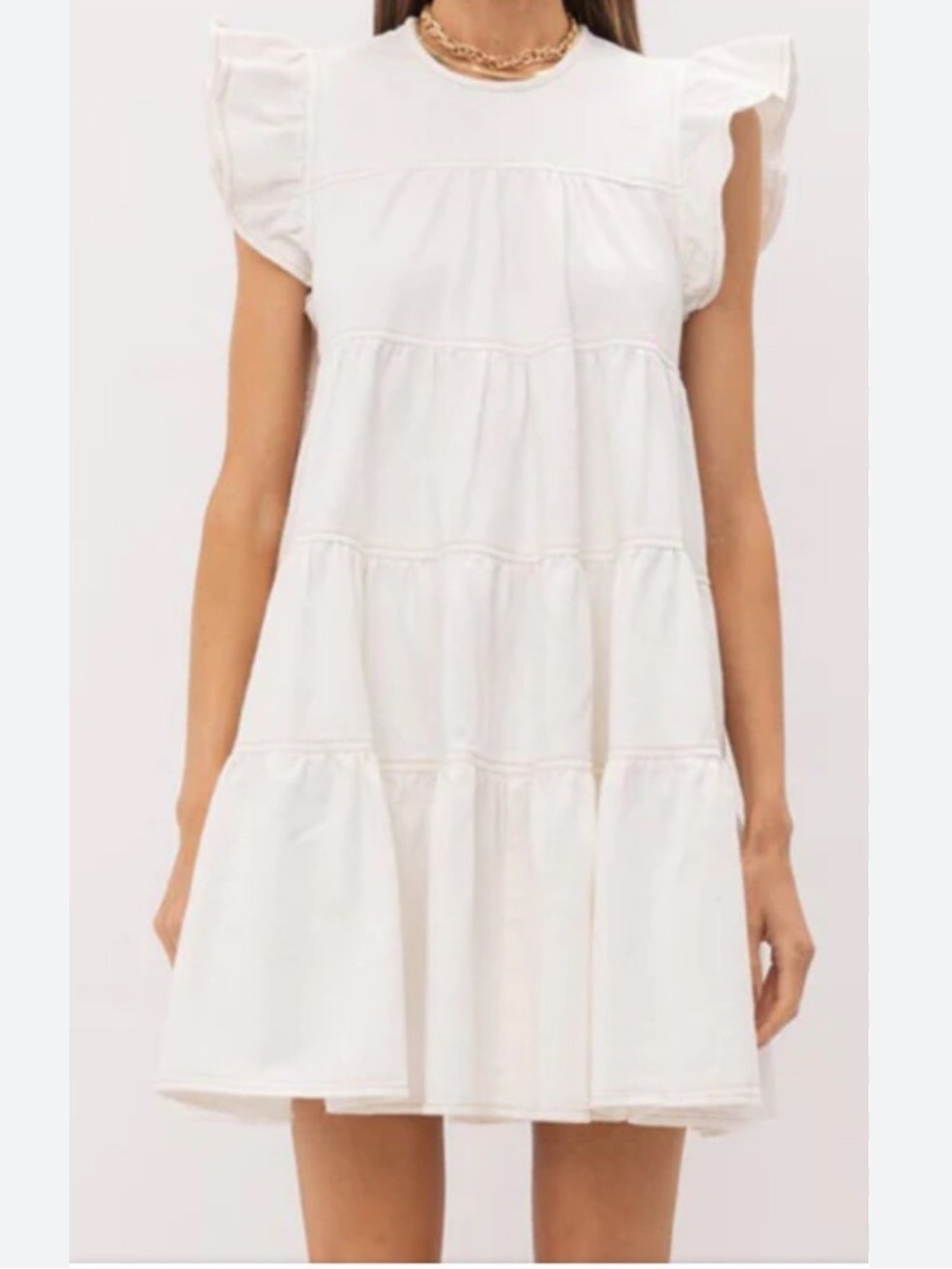 Altar'd State Cream Denim Dreams Tiered Babydoll Dress with Pockets NWT